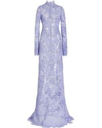Oscar de la Renta Long Sleeve Mock Neck Corded Guipure Gown - Purple