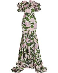 Oscar de la Renta Hydrangea Ruffled Cotton Off-the-shoulder Gown - Green
