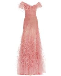 Marchesa - Feather-embroidered Tulle Off-the-shoulder Gown - Lyst