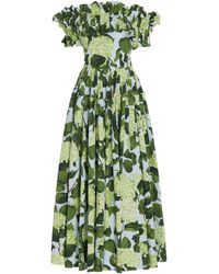 Oscar de la Renta Off-the-shoulder Hydrangea Ruffled Cotton Maxi Dress - Green