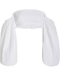 Cloe Cassandro Agatha Smocked Cotton Off-the-shoulder Crop Top - White