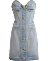 Balmain - Button-Detailed Denim Bustier Mini Dress - Lyst