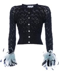 DES_PHEMMES - Feather-Trimmed Pointelle-Knit Cardigan - Lyst