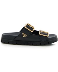 Prada - Buckle-detailed Leather Slip-on Sandals - Lyst