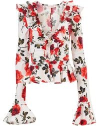 Carolina Herrera - Ruched Stemmed-Rose-Printed Stretch-Cotton Top - Lyst