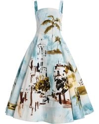Oscar de la Renta - Printed Stretch Cotton-Poplin Midi Dress - Lyst