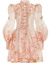 Zimmermann Postcard Bow-detailed Floral Linen-silk Mini Dress - Pink