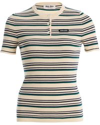Miu Miu - Striped Cotton Henley Top - Lyst