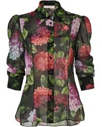 Carolina Herrera - Collared Hydrangea-Printed Chiffon Top - Lyst