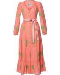 Lena Hoschek Antibes Belted Linen-blend Midi Dress - Pink