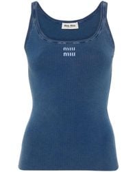 Miu Miu - Embroidered-Logo Fine-Ribbed Top - Lyst