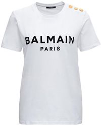 Balmain - Crewneck T-Shirt With Logo Print And Golden Buttons - Lyst