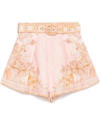 Zimmermann - High-Waisted Floral Cream Linen Shorts - Lyst