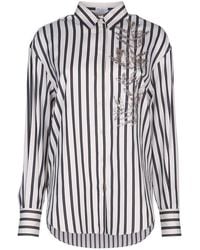 Brunello Cucinelli - Cotton Striped Shirt With Glistening Flora Embroidery - Lyst