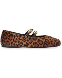 バレエシューズ PRADA WHITE/DARK BROWN BALLERINAS WITH ANIMAL PRINT White/dark Brown Printed Leather Ballerinas | PRADA