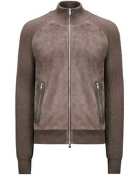 Moncler - Cotton & Suede Cardigan Brown - Lyst