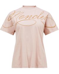 Moncler - Besticktes T-Shirt Aus Baumwolle Mit Kursivem Logo, Damen, Größe - Lyst