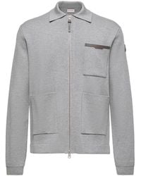 Moncler - Moncler Leather Logo Wool Zip-Up Cardigan - Lyst