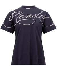 Moncler - Besticktes T-Shirt Aus Baumwolle Mit Kursivem Logo, Damen, Größe - Lyst