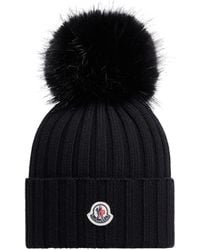 Moncler - Mütze Aus Wolle Mit Bommel Aus Kunstfell, Größe - Lyst