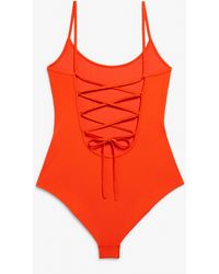 Monki - Red Tie Back Spaghetti Strap Swimsuit - Lyst