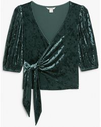 Monki - Velvet Wrap Top With Puff Sleeves - Lyst