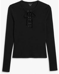Monki - Black Long Sleeve Top With Lace Tie Front - Lyst