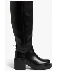 Monki - Chunky Heeled Black Faux Leather Knee-high Boots - Lyst