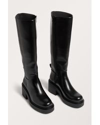 Monki - Chunky Heeled Black Faux Leather Knee-high Boots - Lyst