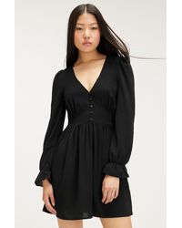 Monki - Long Sleeve Crepe Black Mini Dress - Lyst