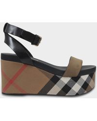 Burberry Nuneaton Check Wedge Sandals In Dark Heather Melange Calfskin - Black