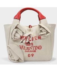 Valentino Garavani Small Tote In Beige Coton - Red