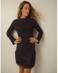 Monsoon - Fina Long Sleeve Knitted Fringe Mini Dress Black - Lyst