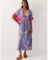 Monsoon - Monika Short Sleeve Floral Print Midi Dress Blue - Lyst