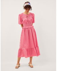 Monsoon - Mel Puff Sleeve Gingham Midi Dress Red - Lyst