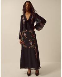 Monsoon - Margot Long Sleeve Floral Embroidered Midi Dress Black - Lyst