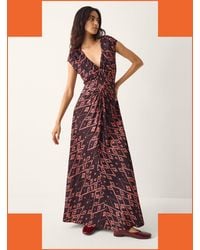 Monsoon - La Galeria Elefante Women's Brown & Red Diamond Ruched Maxi Dress, Size: 8 - Lyst