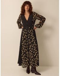 Monsoon - Clemence Amelie Long Sleeve Contrast Print Midi Dress Black - Lyst