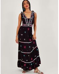 Monsoon - Wide Strap Motif Embroidered Maxi Cami Dress Black - Lyst