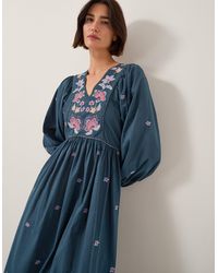 Monsoon - Bohemia Women's Blue & Pink Cotton Floral Embroidered Bria Long Sleeve Midi Dress, Size: L - Lyst