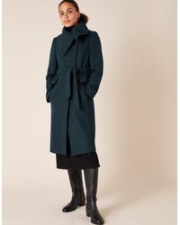 Monsoon Keryn Wrap Collar Belted Coat Teal - Blue