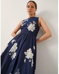 Monsoon - Women's Navy Blue & White Floral Embroidered Sicily Fit & Flare Midi Dress, Size: 16 - Lyst