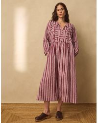 Monsoon - East Vika Hand-woodblock Stripe Midi Dress Red - Lyst