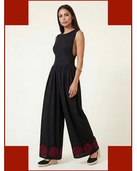 Monsoon - Raffya Vanessa Embroidered Wide Leg Jumpsuit Black - Lyst