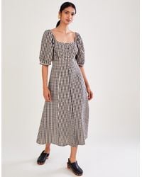 Monsoon - Check Print Button Through Midi Dress Brown - Lyst