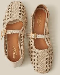 Monsoon - Women's Cream Leather Woven Bessy Mary Jane Ballet Flats, Size: 42 - Lyst
