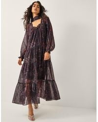 Monsoon - Women's Purple & Brown Paisley Print Marianna Tiered Midi Dress, Size: M - Lyst