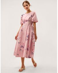 Monsoon - Women's Pink & Purple Cotton Floral Print Amber Puff Sleeve Midi Dress, Size: 24 - Lyst