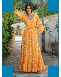 Monsoon - La Galeria Elefante Women's Orange & White Modal Floral Print Jodie Flamenco Maxi Dress, Size: M - Lyst