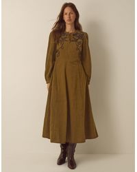 Monsoon - Edie Long Sleeve Embroidered Corduroy Midi Dress Green - Lyst